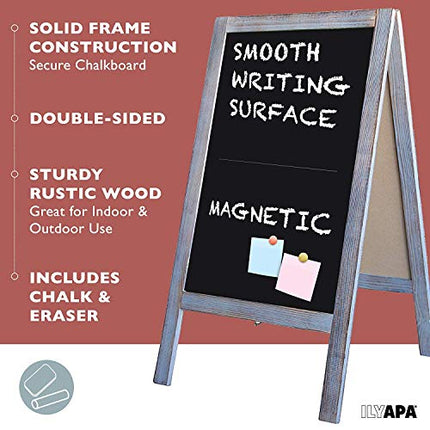 Wooden A-Frame Sign with Eraser & Chalk - 40 x 20 Inches Magnetic Sidewalk Chalkboard - Sturdy Freestanding Grey Sandwich Board Menu Display for Restaurant, Business or Wedding