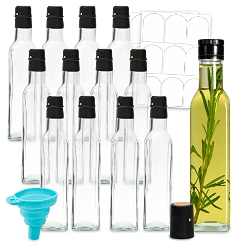 Ilyapa 12 Pack 8.5 oz Square Glass Bottles For Hot Sauce, Syrups, Marinades - Woozy Bottle with Black Cap
