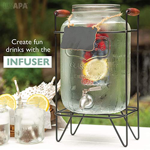 2 Gallon Glass Beverage Dispenser with Infuser, Metal Base, Stainless Steel Spigot & Hanging Chalkboard - Outdoor Drink Dispenser for Lemonade, Tea, Cold Water & More