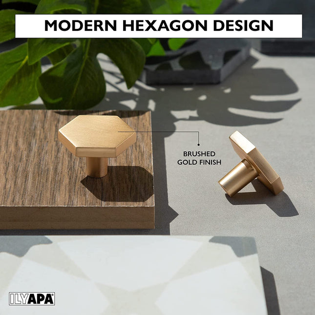 Ilyapa Brushed Gold Kitchen Cabinet Knobs - Hexagon Drawer Handles - 10 Pack of Kitchen Cabinet Hardware