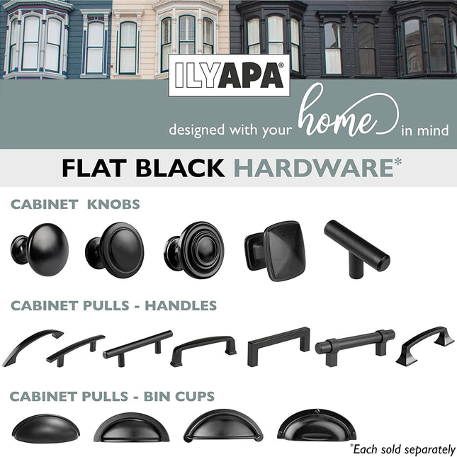 Ilyapa Black Kitchen Cabinet Handles - 3 Inch Hole Center - 5 Pack of Curved Bar