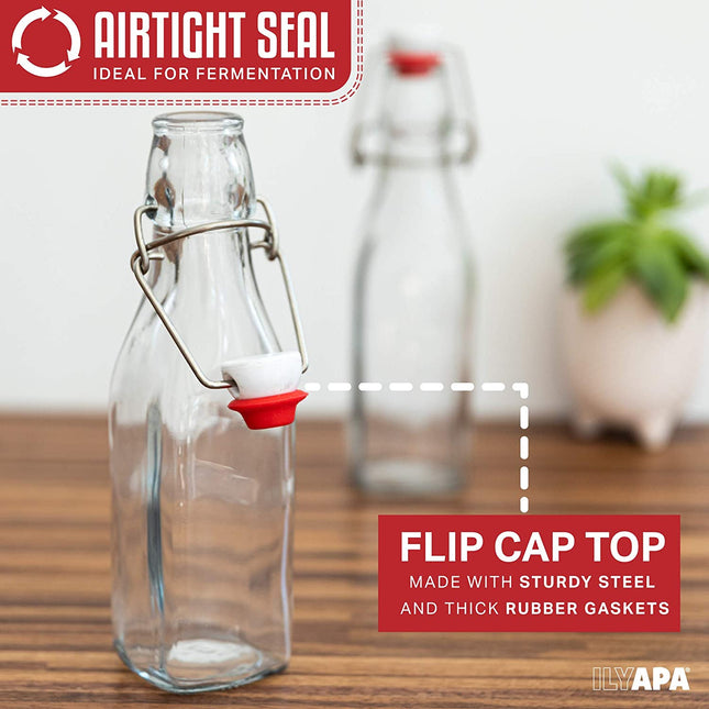 12 Pack of Glass Beer Bottles for Home Brewing - Square 8 oz Bottles with Flip Caps and Funnel