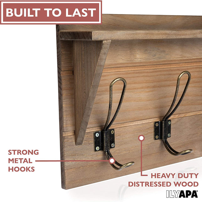 Wall Mounted Coat Rack with Shelf - 24 Inch Rustic Wooden 5 Hook Coat Hanger Rail, Rustic Oak Wood, Black Metal Hooks