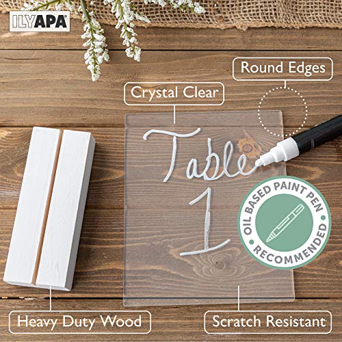 Acrylic Sign Holders with White Wood Stands, 8 Pack - Small 5x6 Inch Blank Table Numbers Set for Wedding