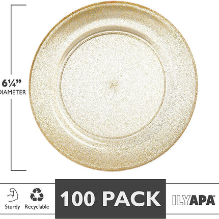 100 Gold Glitter Plastic Plates for Dinner Party or Wedding-6 Inch Premium Plate