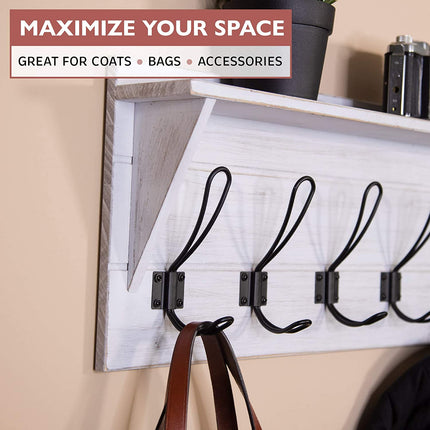 Wall Mounted Coat Rack with Shelf - 27 Inch Rustic Wooden 6 Hook Coat Hanger Rail, White Distressed Wood, Black Metal Hooks