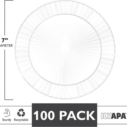 Ilyapa 100 Fancy Clear Plastic Plates, 7 Inch - Premuim Disposable Plastics for Party or Wedding