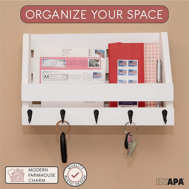 Ilyapa Rustic White Wooden Key and Mail Holder - Wall Mounted