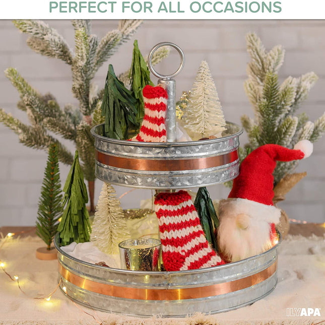 Galvanized Two Tiered Serving Stand - 2 Tier Metal Trays with Copper Trim