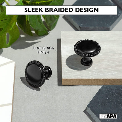Ilyapa Flat Black Kitchen Cabinet Knobs - Round Braided Drawer Handles - 25 Pack of Kitchen Cabinet Hardware