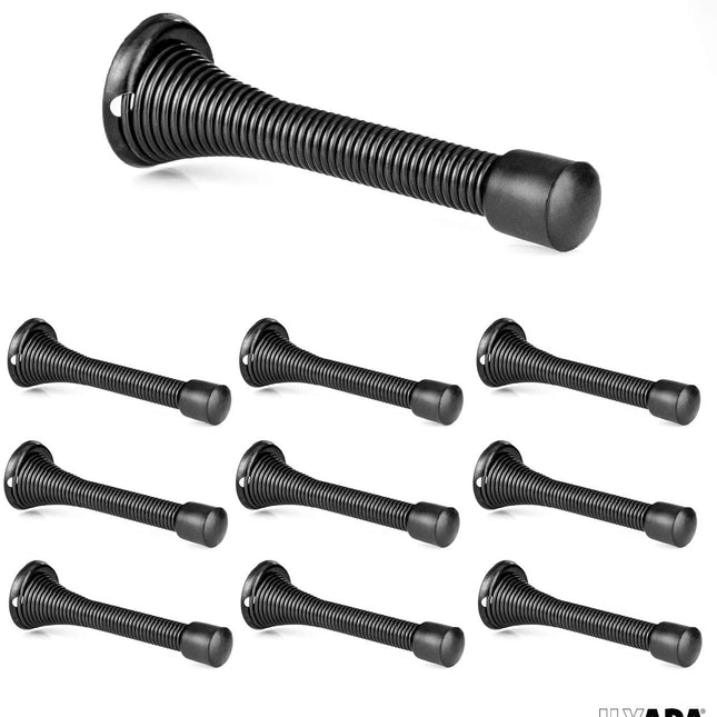 10 Pack of Spring Door Stops Black - 3 1/4 Inch Heavy Duty Door Stop - Traditional Spring Door Stop with Rubber Bumper