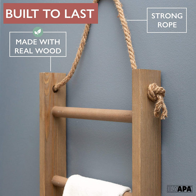 Ilyapa Hanging Towel Rack Ladder for Bathroom - Weathered Wood Blanket Ladder for Rustic Bedroom Farmhouse Decor