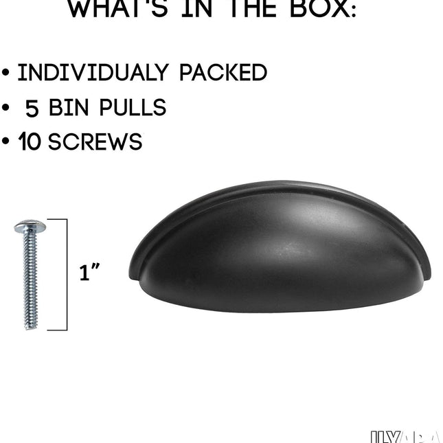 Black Kitchen Cabinet Pulls - 3 Inch Hole Center Bin Cup Drawer Handles - 5 Pack of Kitchen Cabinet Hardware