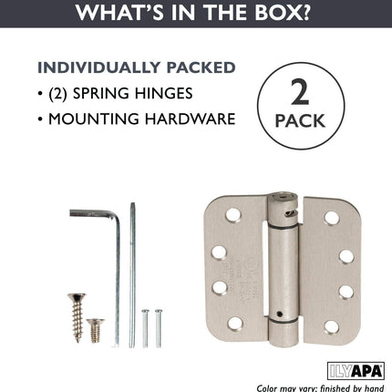 Self Closing Door Hinges, 2 Pack, Satin Nickel - 4x4 Inch Interior Spring Hinges for Doors