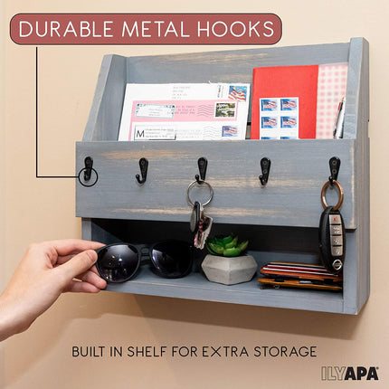 Ilyapa Rustic Gray Wooden Key and Mail Holder with Shelf - Wall Mounted
