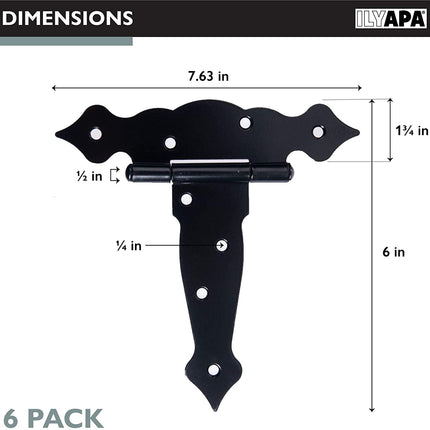 Ilyapa Heavy Duty Gate Hinges, 6 Pack - 6 Inch Decorative Outdoor T Strap Hinges for Barn Door, Shed or Wooden Fences