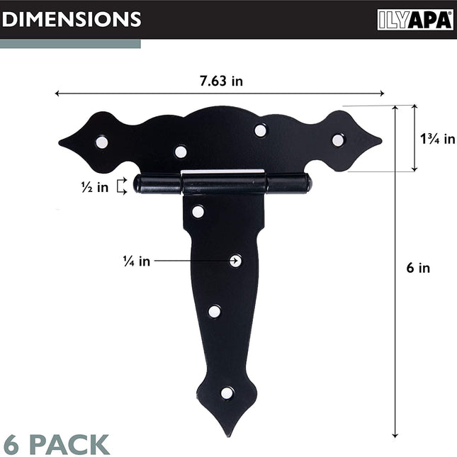 Ilyapa Heavy Duty Gate Hinges, 6 Pack - 6 Inch Decorative Outdoor T Strap Hinges for Barn Door, Shed or Wooden Fences