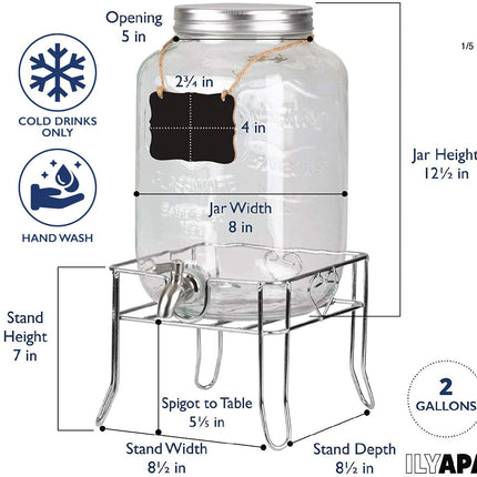 Outdoor Glass Beverage Dispenser with Sturdy Metal Base & Stainless Steel Spigot -2 Gallon Drink Dispenser for Lemonade, Tea, Cold Water & More