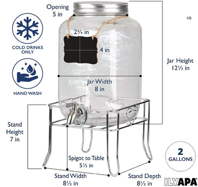 Outdoor Glass Beverage Dispenser with Sturdy Metal Base & Stainless Steel Spigot -2 Gallon Drink Dispenser for Lemonade, Tea, Cold Water & More