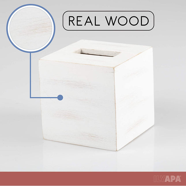 Ilyapa Wood Tissue Box Cover Square - Rustic Farmhouse White Wooden Tissue Holder