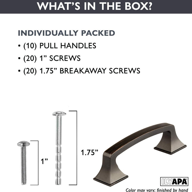 Oil Rubbed Bronze Cabinet Handles - 3 Inch Hole Center Traditional Squared Drawer Pulls - 10 Pack of Kitchen Cabinet Hardware