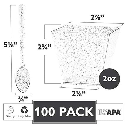 100 Mini Plastic Dessert Cups with Spoons - 2 oz Silver Glitter Dessert Shooters
