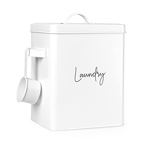 Ilyapa Powdered Laundry Soap Container with 2/3 Cup Scoop, Farmhouse Style Galvanized White Powder Coated Detergent Bin