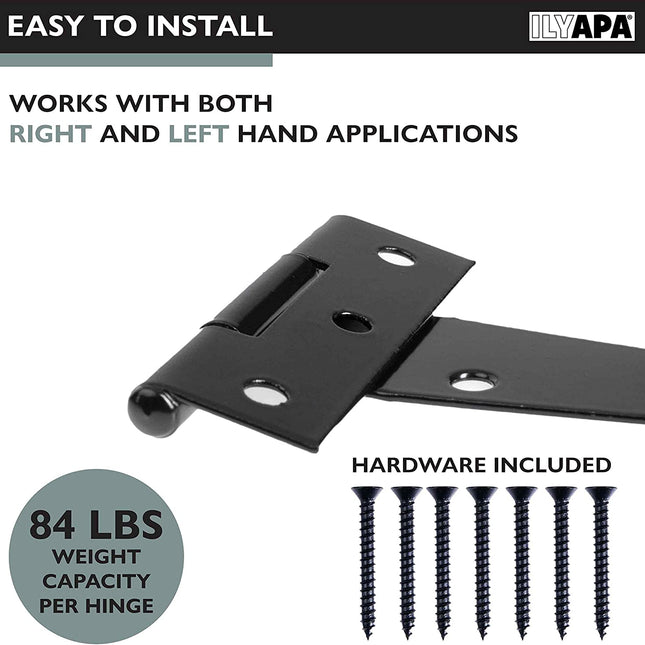 Ilyapa Heavy Duty Gate Hinges, 6 Pack - 12 Inch Outdoor T Strap Hinges for Barn Door, Shed or Wooden Fences