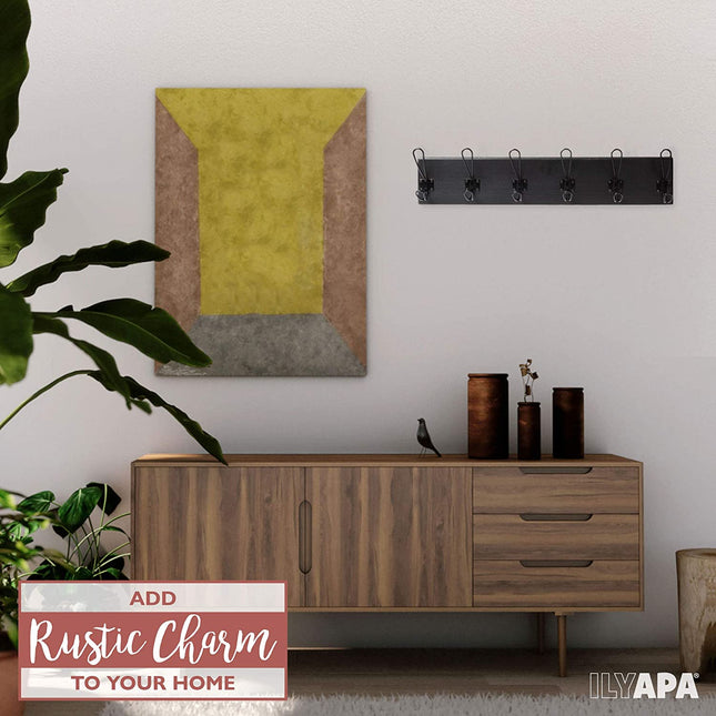 Ilyapa Wooden Coat Rack Wall Mount - Black Wood Hat Hanger with 6 Metal Hooks