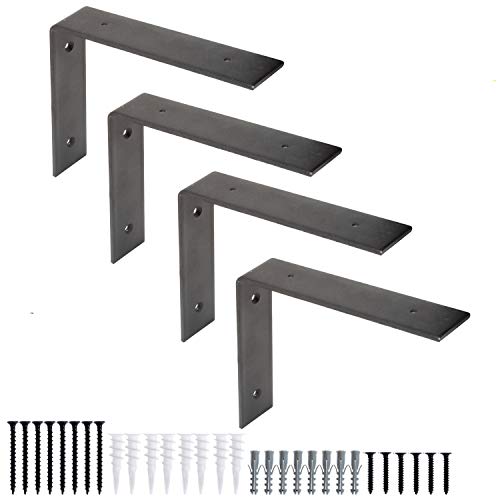 Heavy Duty Steel Shelf Brackets, L Bracket - Farmhouse Rustic Iron Matte Finish - 4 Pack of 6 x 8 Inch Industrial Metal Shelf Holders, Corner L Brace Joint Angle Brackets for Wall Mount Shelves