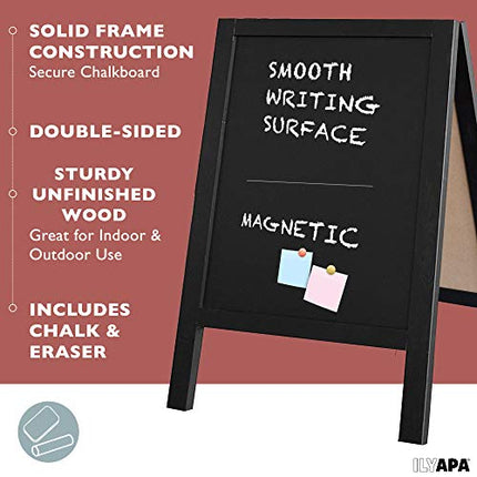 Wooden A-Frame Sign with Eraser & Chalk - Magnetic Sidewalk Chalkboard - Sturdy Freestanding Black Sandwich Board Menu Display for Restaurant, Business or Wedding