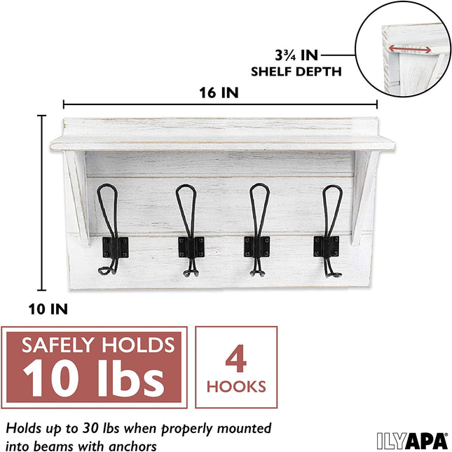 Wall Mounted Coat Rack with Shelf - 16 Inch Rustic Wooden 4 Hook Coat Hanger Rail, White Distressed Wood, Black Metal Hooks