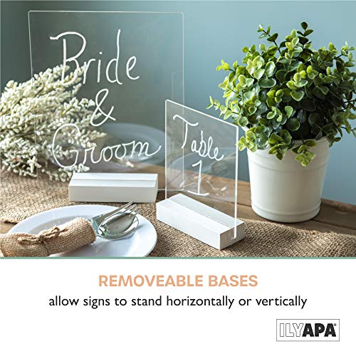 Acrylic Sign Holders with White Wood Stands, 8 Pack - Small 5x6 Inch Blank Table Numbers Set for Wedding