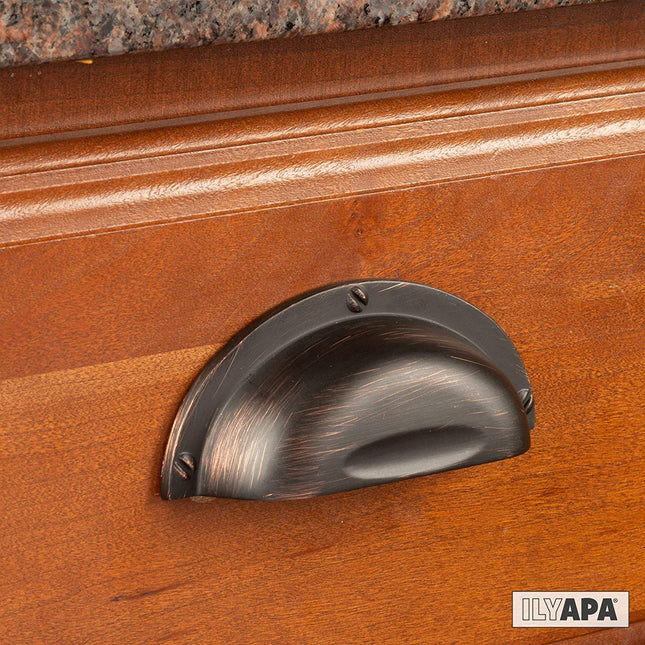 Oil Rubbed Bronze Kitchen Cabinet Pulls - 3 Inch Hole Center Industrial Design Bin Cup Drawer Handles - 10 Pack of Kitchen Cabinet Hardware