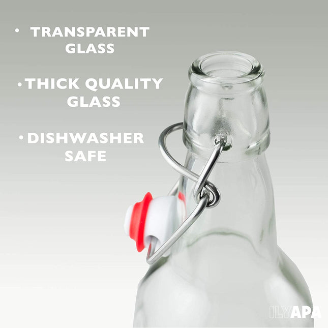 Ilyapa 16 Ounce Clear Glass Beer Bottles for Home Brewing - 6 Pack with Airtight Rubber Seal Flip Caps