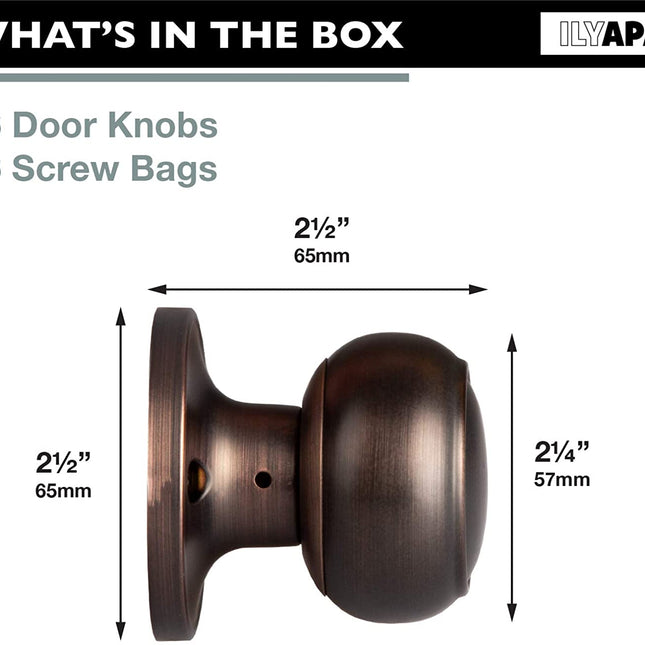 Decorative Non-Turning Dummy Door Knob Handles - Improved Oil Rubbed Bronze Finish - (6 Pack)