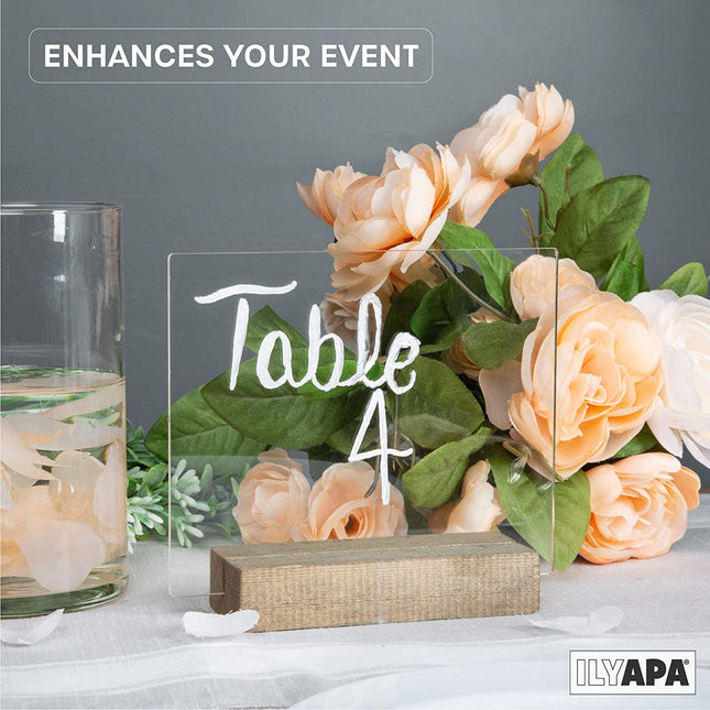 Acrylic Sign Holders with Wood Stands, 4 Pack - Small 5x6 Inch Blank Table Numbers Set for Wedding