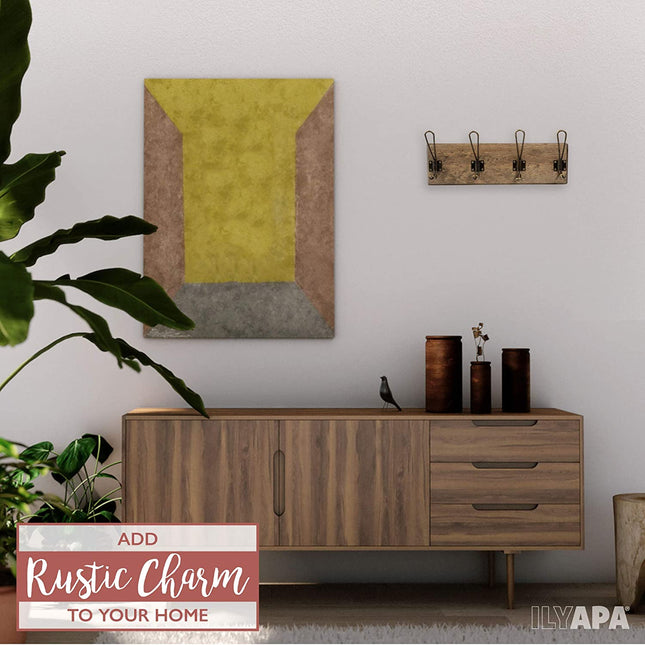 Wall Mounted Coat Rack - Rustic Wooden 4 Hook Coat Hanger Rail, Distressed Wood, Antique Brass Hooks