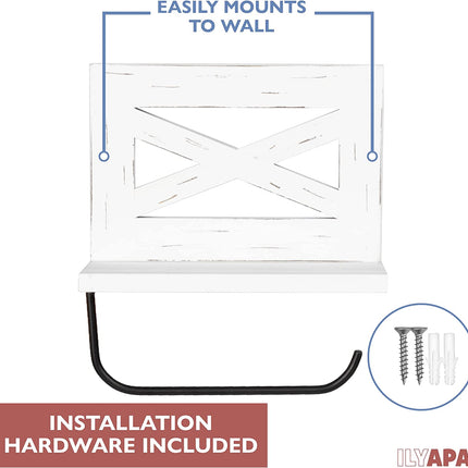Ilyapa Farmhouse Toilet Paper Holder - Weathered White Rustic Wood Wall Mount
