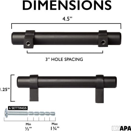 Black Kitchen Cabinet Pulls - 3 Inch Hole Center Bar - 10 Pack of Kitchen Cabinet Hardware - New Design
