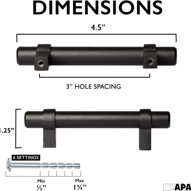 Black Kitchen Cabinet Pulls - 3 Inch Hole Center Bar - 10 Pack of Kitchen Cabinet Hardware - New Design