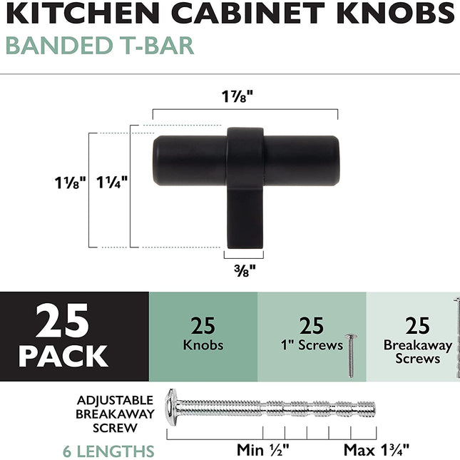 Black Kitchen Cabinet Knobs, 25 Pack - Contemporary T-Knob Drawer Pull Handle Hardware