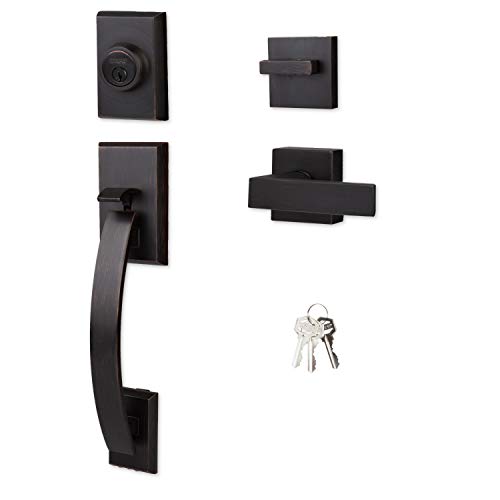 Ilyapa Exterior Door Handleset - Modern, Oil Rubbed Bronze Low Profile Lock Set Front Door Handle with Single Cylinder Deadbolt and Halifax Lever, Oil Rubbed Bronze