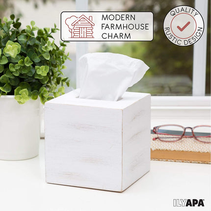 Ilyapa Wood Tissue Box Cover Square, 2 Pack - Rustic Farmhouse White Wooden Tissue Holder