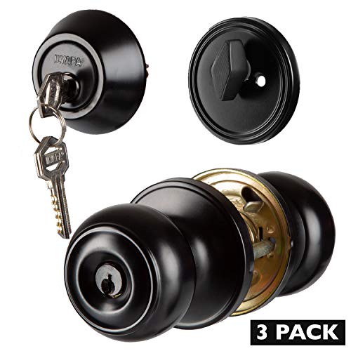 Entry Door Knob and Deadbolt Lock Set, 3 Pack - Black Classic Design