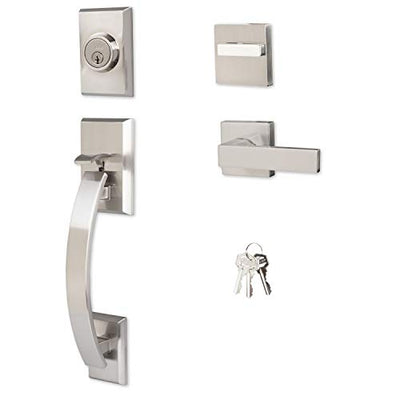 Ilyapa Exterior Door Handleset - Modern, Satin Nickel Low Profile Lock Set Front Door Handle with Single Cylinder Deadbolt and Halifax Lever, Satin Nickel