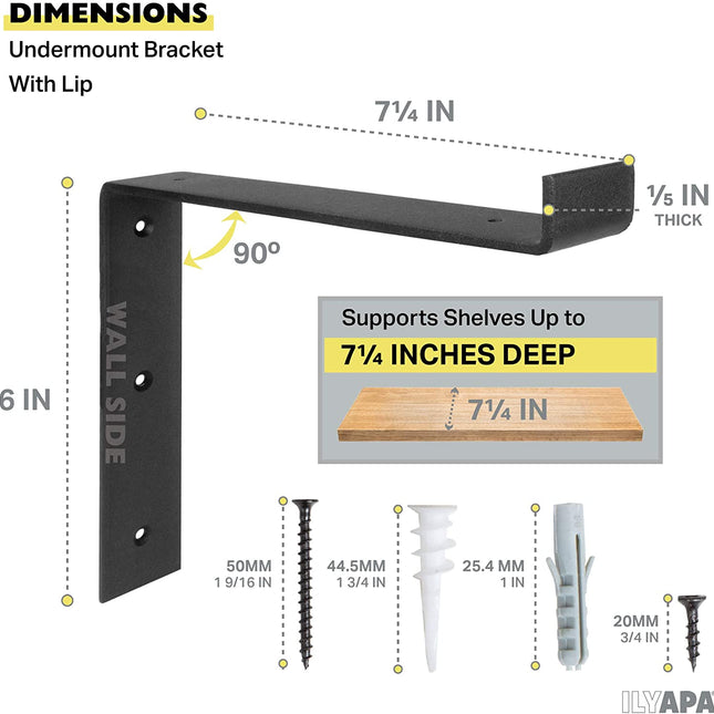 Heavy Duty Steel Floating Shelf Brackets, Undermount Bracket With Lip- Farmhouse Rustic Iron Matte Finish - 4 Pack of 6 x 7.25 Inch Industrial Metal Shelf Holders, Joint Angle Brackets for Wall Shelve