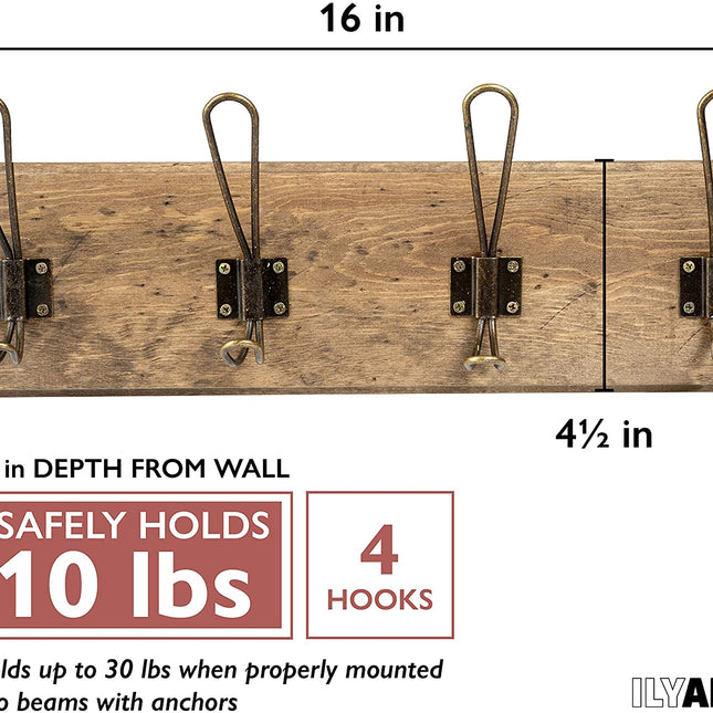 Wall Mounted Coat Rack - Rustic Wooden 4 Hook Coat Hanger Rail, Distressed Wood, Antique Brass Hooks