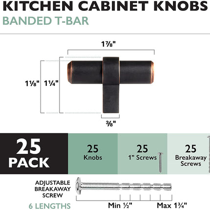 Oil Rubbed Bronze Kitchen Cabinet Knobs, 25 Pack - Contemporary T-Knob Drawer Pull Handle Hardware