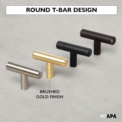 Brushed Gold Kitchen Cabinet Knobs, 10 Pack - T-Knob Drawer Pull Handle Hardware
